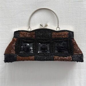 brown and black beaded sequin shoulder bag w/ silver hardware